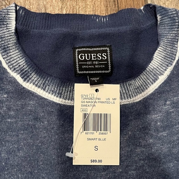 Guess Mason Men’s Long Sleeve Distressed Crewneck Navy Blue Logo Sweater - Picture 6 of 11